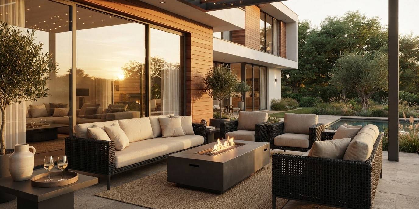 Área externa de uma casa ao entardecer, com sofás, poltronas e mesa de centro em fibra sintética